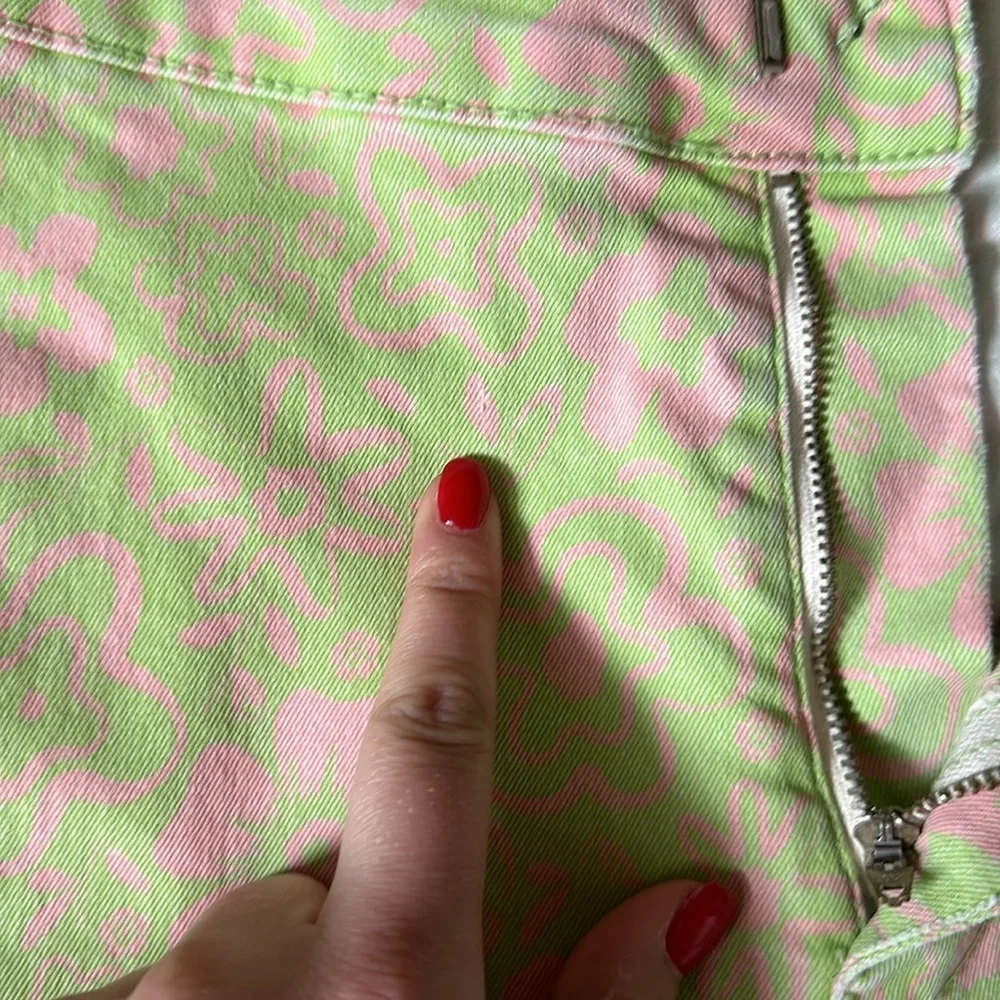 Zara High Rise Kick Flare Lime Green and Pink Floral Print Mod Jeans Size 4 - Picture 5 of 8